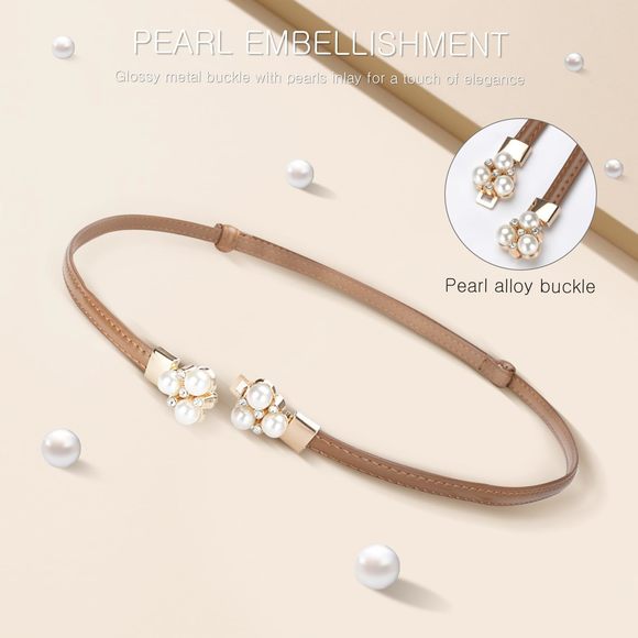 Women Skinny Leather Belt Solid Color Pearl Decoration Metal Interlock Buckle? main image 8